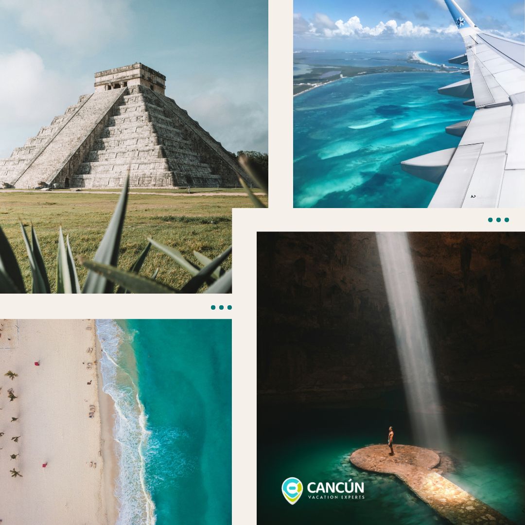 a collage of images showcasing Cancun Vacation Destinations and ideas for couples.