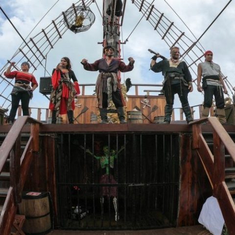 View from the Jolly Roger pirate ship, capturing the open sea and setting the stage for an adventurous voyage in Cancun.